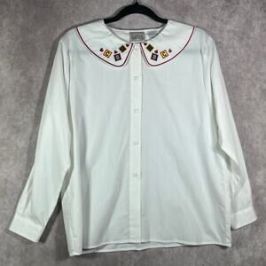 Vintage Laura Gayle Blouse Womens 12P White‎ Button Up Peter Pan Collar 80s 90s